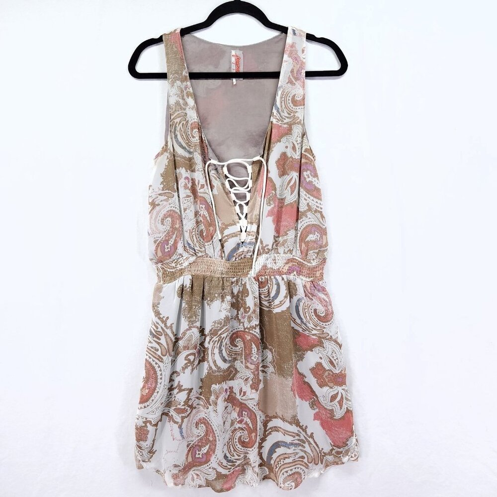 Free People Mini Dress Size Medium Sleeveless Boho Paisley Print Lace Up Front